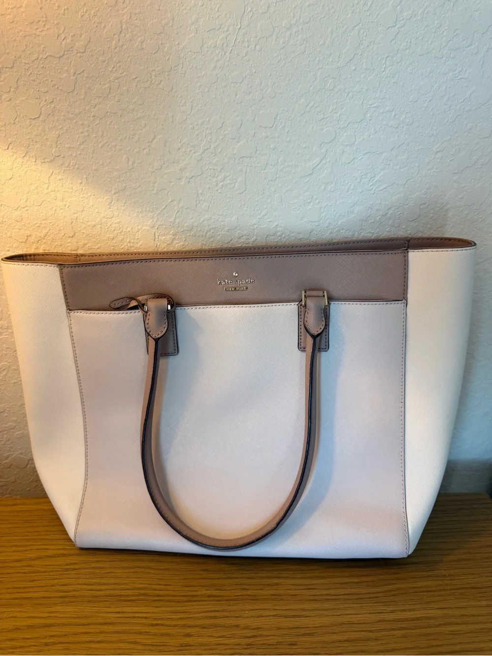 kate spade two-tone pebbled leather tote in blush and taupe